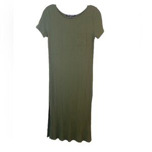 Olive Green Ribbed Dress One Clothing Short Sleeve Slit Spring Summer Size S